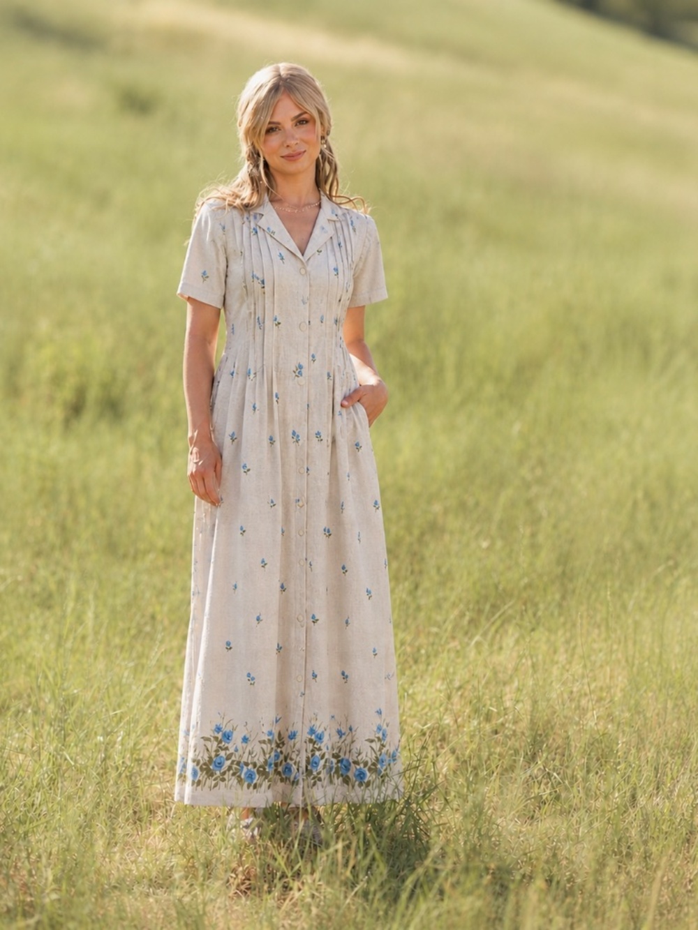 Vintage Style Cottagecore Linen Blend Floral Button Front Midi Dress Blue Beige